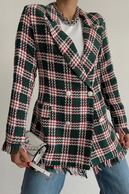 Saçaklı Kareli Blazer Ceket Yeşil
