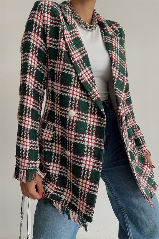Saçaklı Kareli Blazer Ceket Yeşil