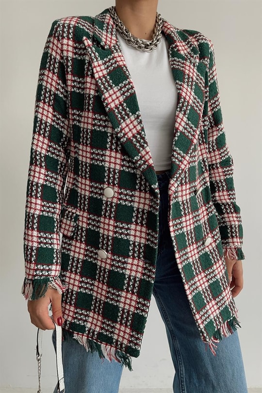 Saçaklı Kareli Blazer Ceket Yeşil