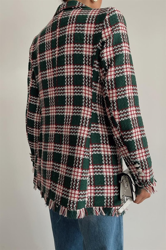 Saçaklı Kareli Blazer Ceket Yeşil
