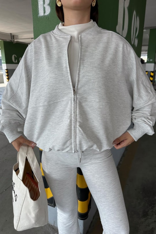 Stitching Bomber Ceket Gri