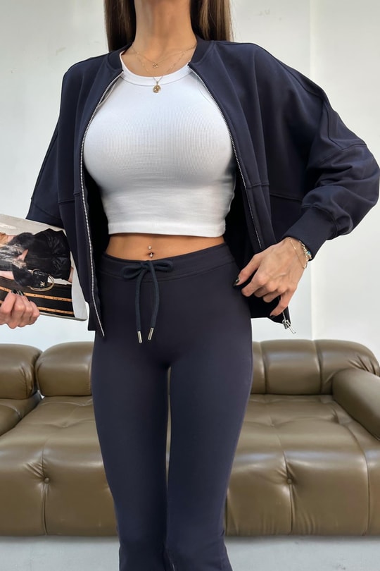 Stitching Bomber Ceket Lacivert