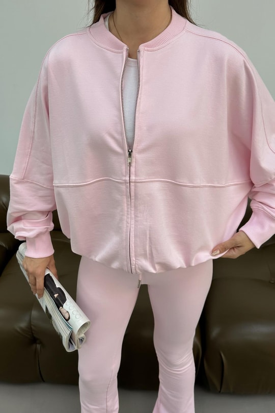 Stitching Bomber Ceket Pembe