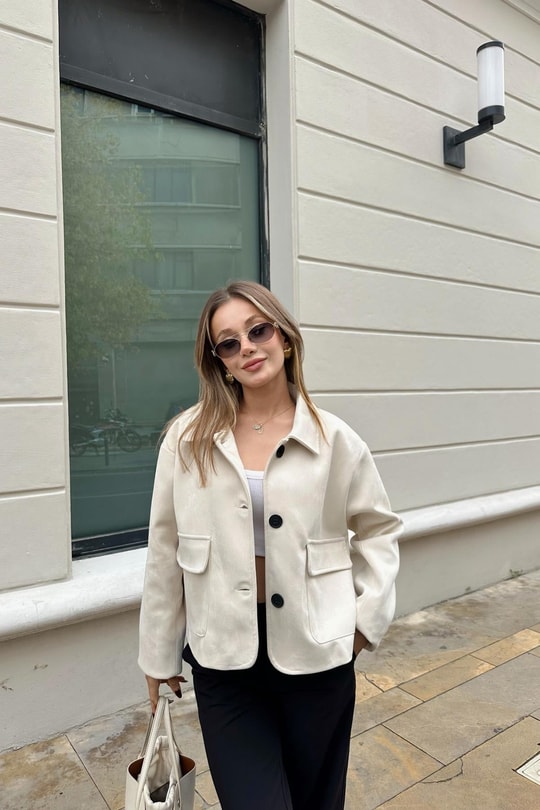 Süet Kısa Ceket Ekru