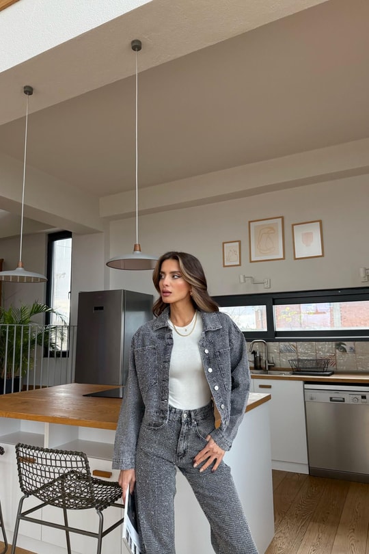 Tasarım Denim Ceket Füme