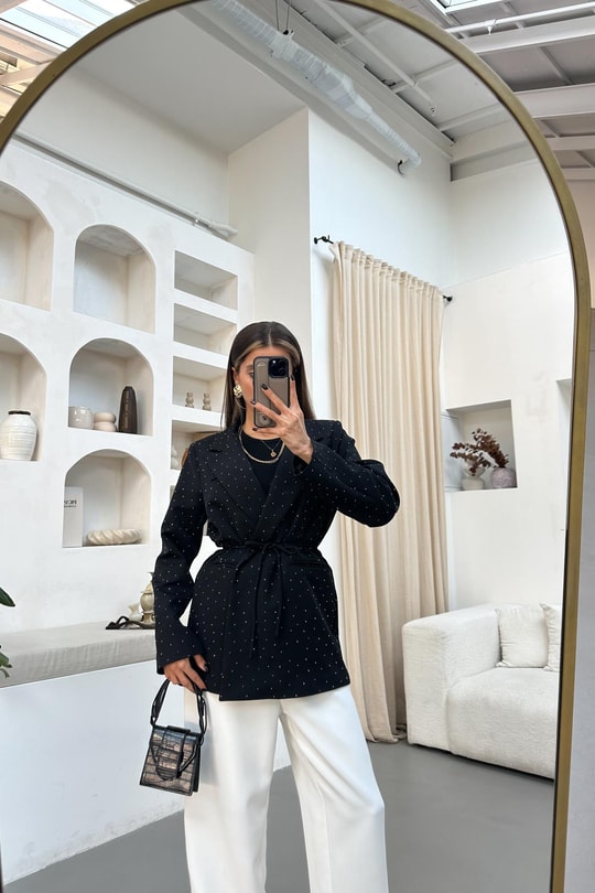 Taşlı  Bağlamalı Blazer Ceket Siyah
