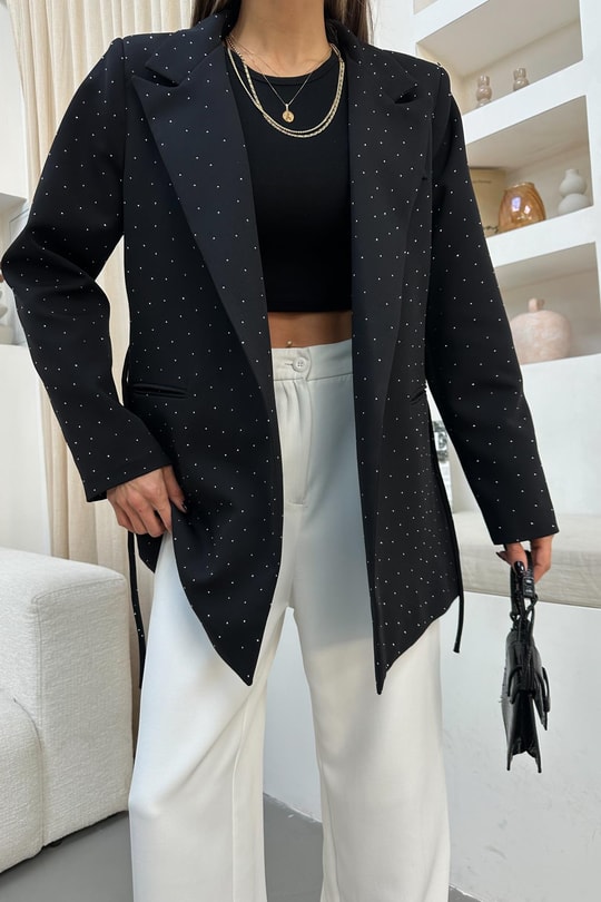 Taşlı  Bağlamalı Blazer Ceket Siyah