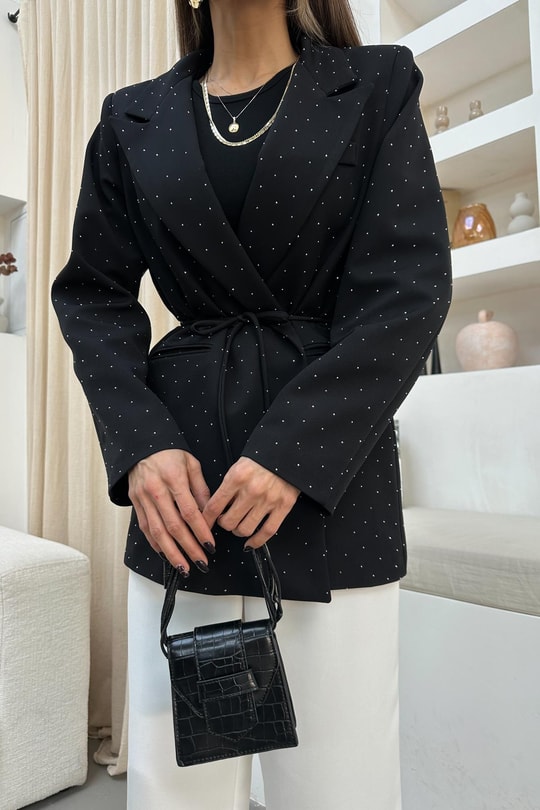 Taşlı  Bağlamalı Blazer Ceket Siyah