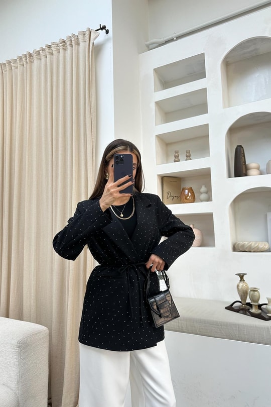 Taşlı  Bağlamalı Blazer Ceket Siyah