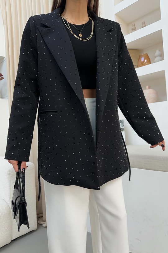 Taşlı  Bağlamalı Blazer Ceket Siyah