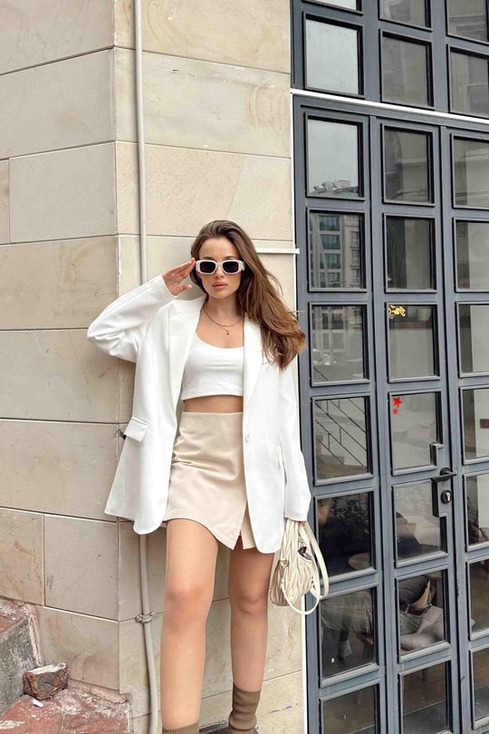 Tek Düğme Blazer Ceket Beyaz