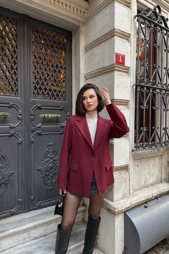 Tek Düğme Blazer Ceket Bordo