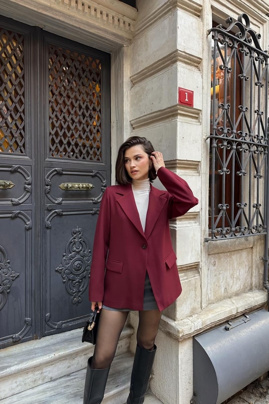Tek Düğme Blazer Ceket Bordo
