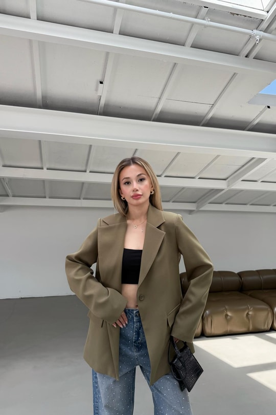 Tek Düğme Blazer Ceket Haki