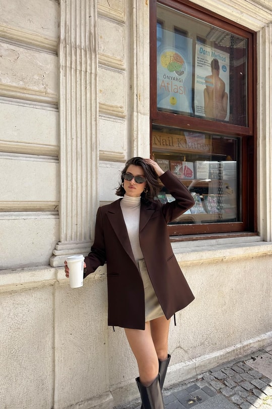 Tek Düğme Blazer Ceket Kahve