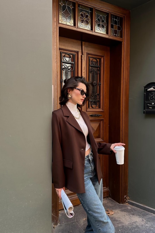 Tek Düğme Blazer Ceket Kahve