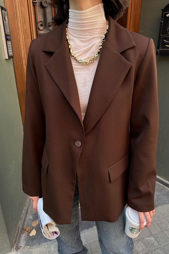 Tek Düğme Blazer Ceket Kahve