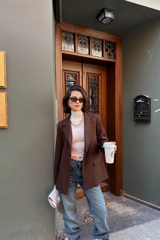 Tek Düğme Blazer Ceket Kahve