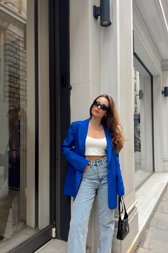Tek Düğme Blazer Ceket Saks Mavisi