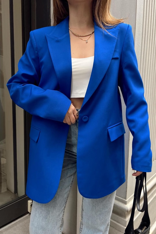 Tek Düğme Blazer Ceket Saks Mavisi