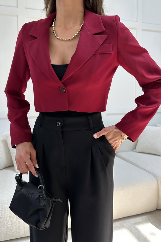 Tek Düğme Crop Ceket Bordo