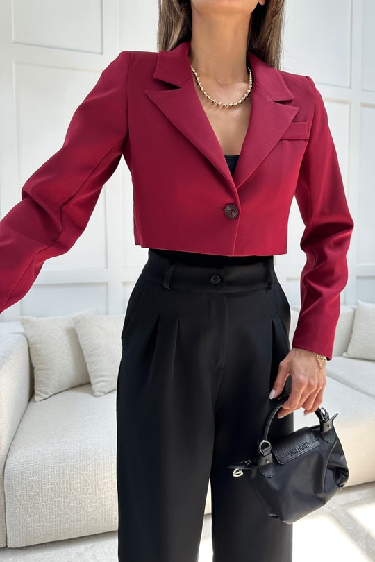 Tek Düğme Crop Ceket Bordo