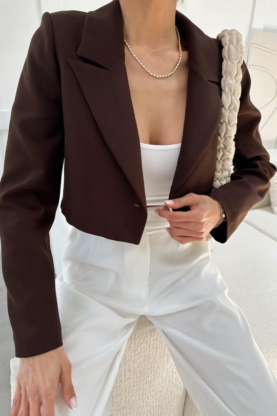 Tek Düğme Crop Ceket Kahve