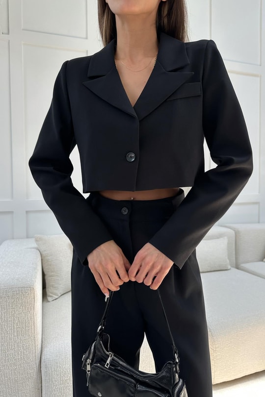 Tek Düğme Crop Ceket Siyah