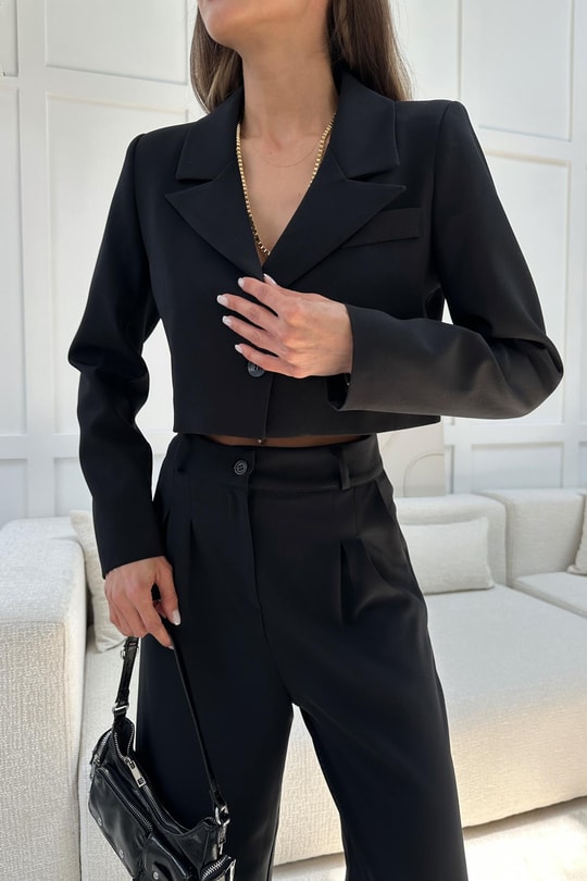 Tek Düğme Crop Ceket Siyah