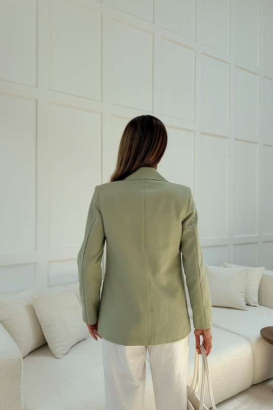 Tek Düğme Keten Blazer Ceket Açık Yeşil