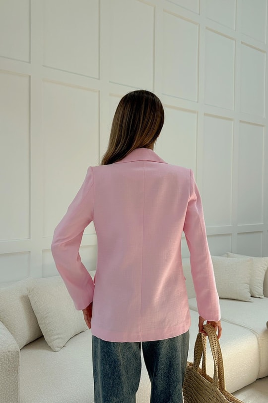 Tek Düğme Keten Blazer Ceket Pembe