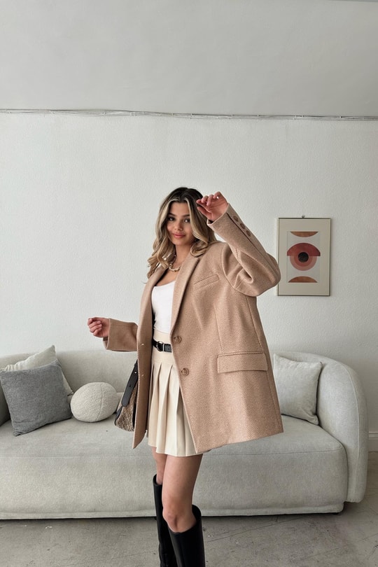 Zikzak Desen Kaşe Blazer Ceket Camel