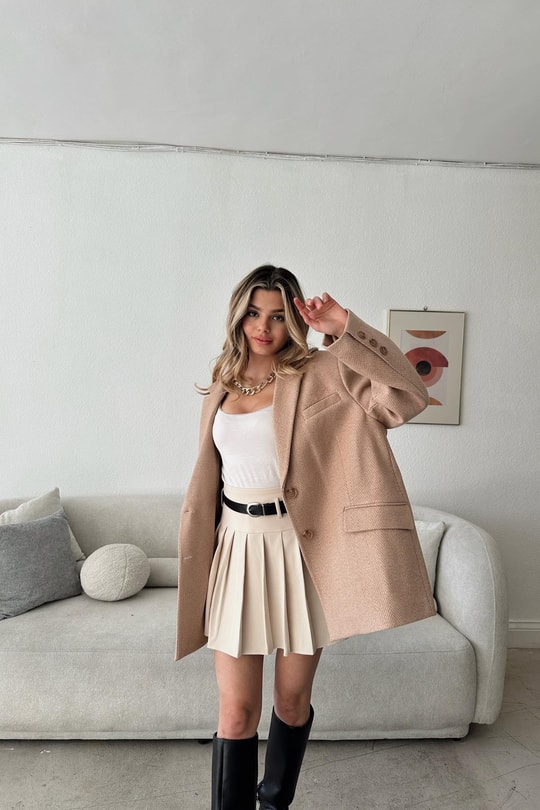 Zikzak Desen Kaşe Blazer Ceket Camel