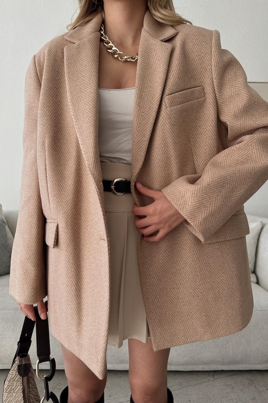 Zikzak Desen Kaşe Blazer Ceket Camel