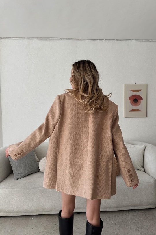 Zikzak Desen Kaşe Blazer Ceket Camel