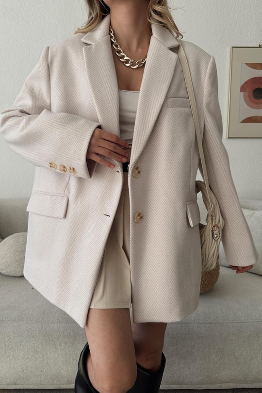 Zikzak Desen Kaşe Blazer Ceket Taş