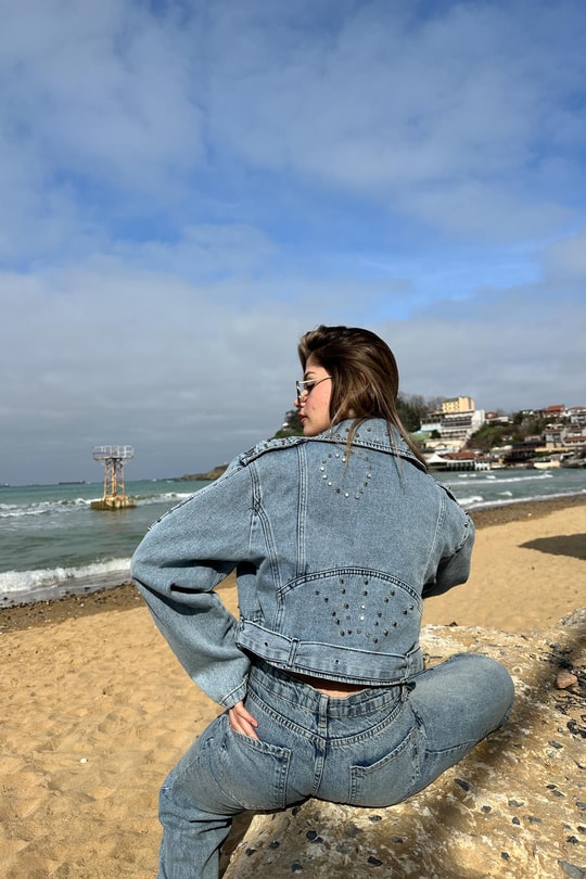 Zımbalı Denim Biker Ceket Buz Mavi