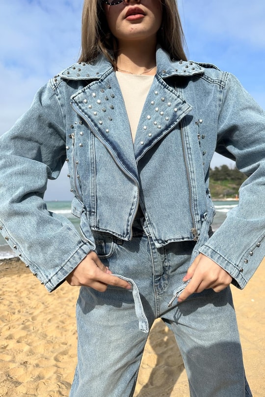 Zımbalı Denim Biker Ceket Buz Mavi