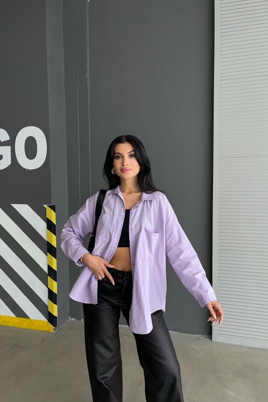 Çift Cepli Uzun Basic Gömlek Lila