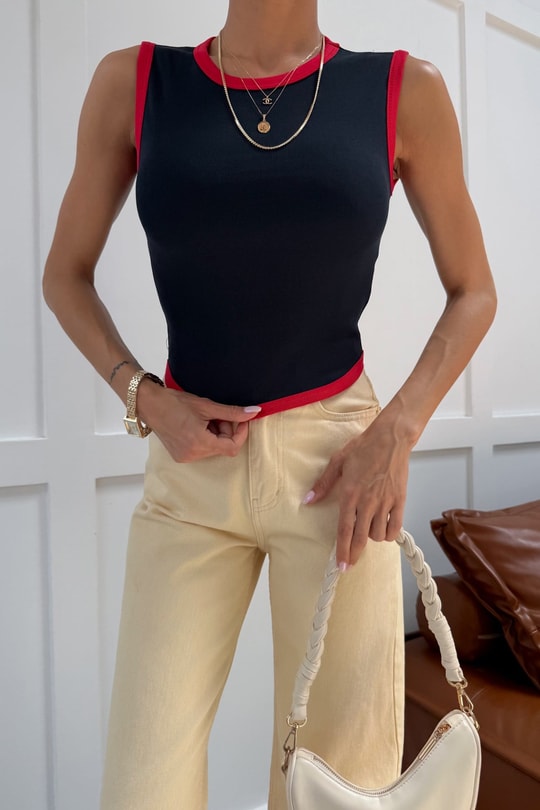 Kontrast Biyeli Atlet Lacivert Crop Top