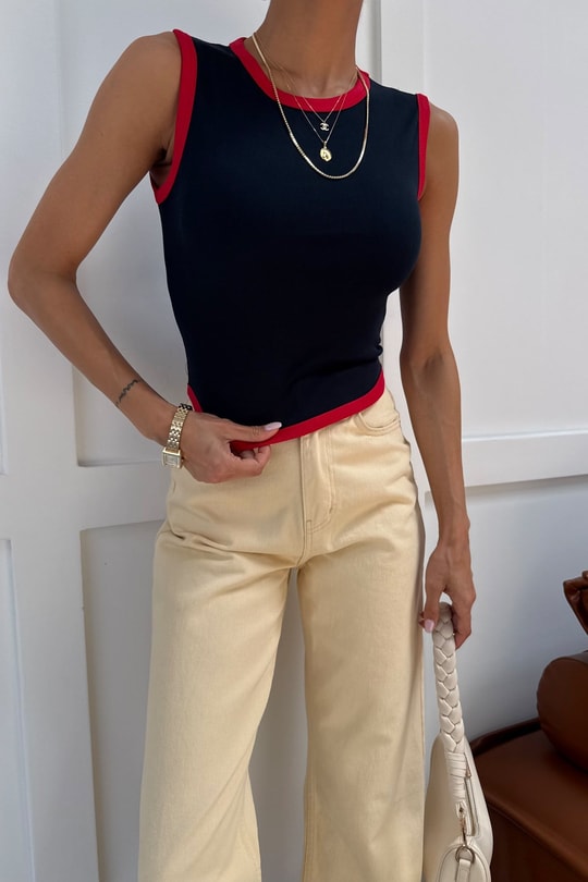 Kontrast Biyeli Atlet Lacivert Crop Top
