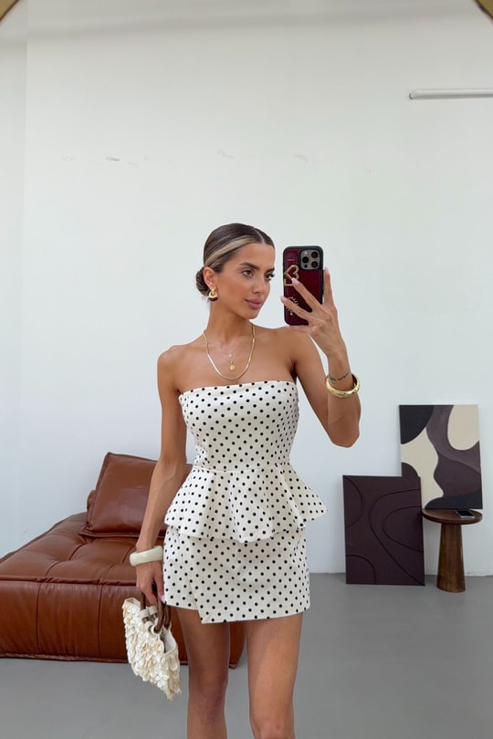 Straplez Puantiye Top Ekru Crop Top