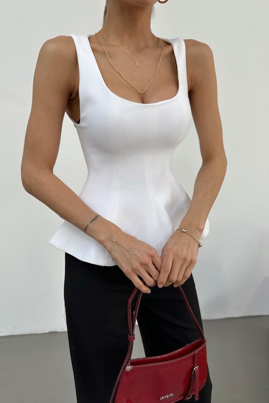 Kare Yaka Peplum Atlet Beyaz