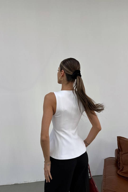 Kare Yaka Peplum Atlet Beyaz