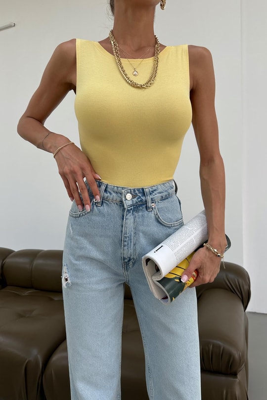 Kayık Yaka Kolsuz Top Sarı