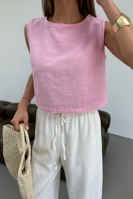 Keten Sıfır Kol Üst Pembe