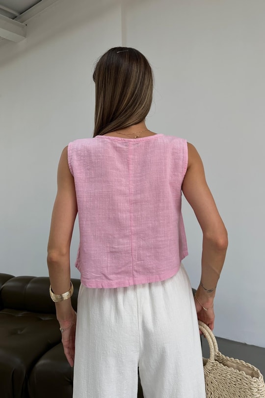 Keten Sıfır Kol Üst Pembe