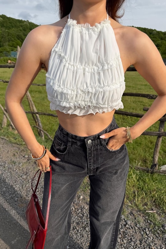 Sırt Dekolteli Straplez Crop Beyaz