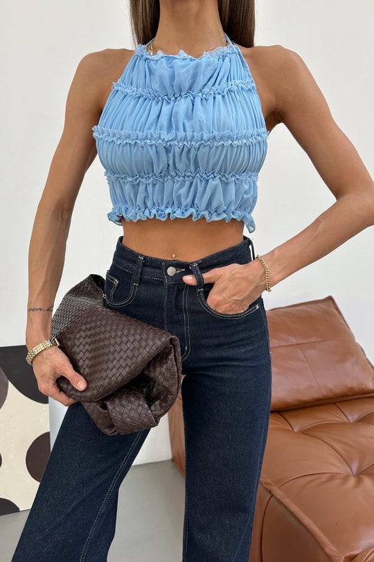 Sırt Dekolteli Straplez Crop Mavi