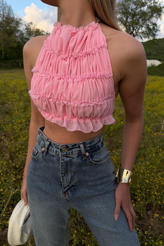 Sırt Dekolteli Straplez Crop Pembe
